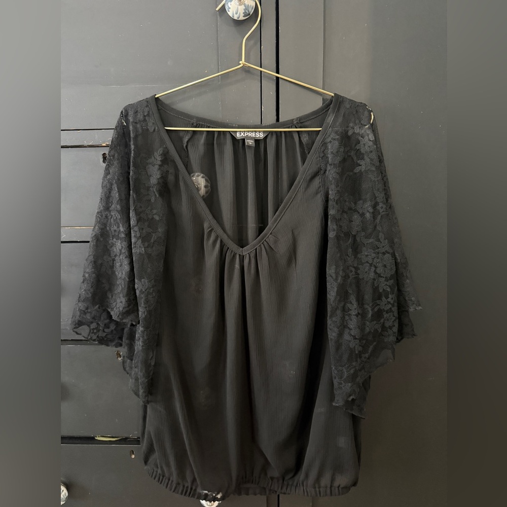 Express Women's Black Blouse with Lace Sleeves